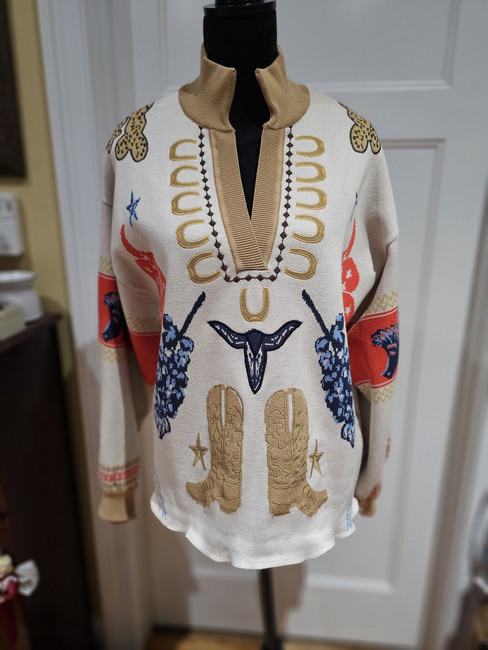 Cream V-Neck Western-Inspired Pullover Sweater